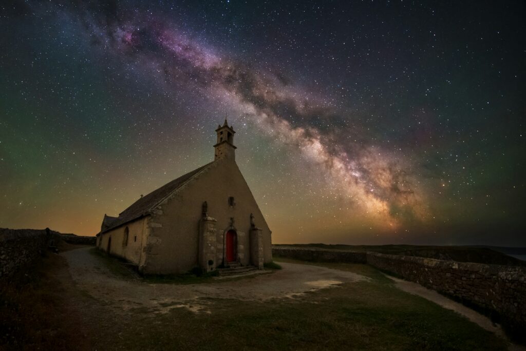 Chapel under the milky way at night